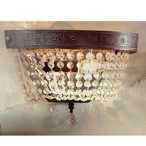 Wall Sconce Crystal Glass Strands Antique 1920s Style Pewter Top 12 x 8.5 **NEW!